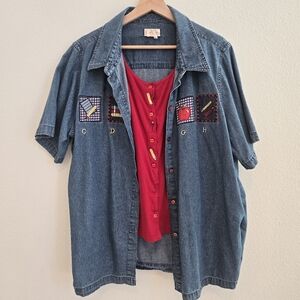 Bobbie Brooks Vintage Apple Pencil school denim button down shirt size XXL